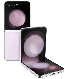 Samsung Galaxy Z Flip 5 smartphone in open and closed positions showcasing its design and display.