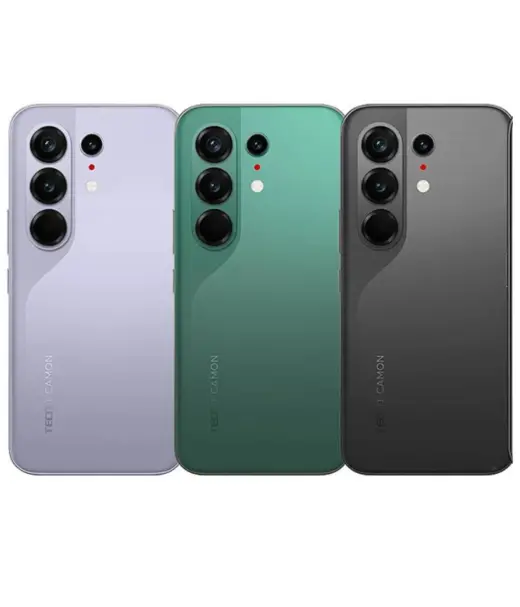 Tecno Camon 50 Pro smartphones in purple, green, and black colors