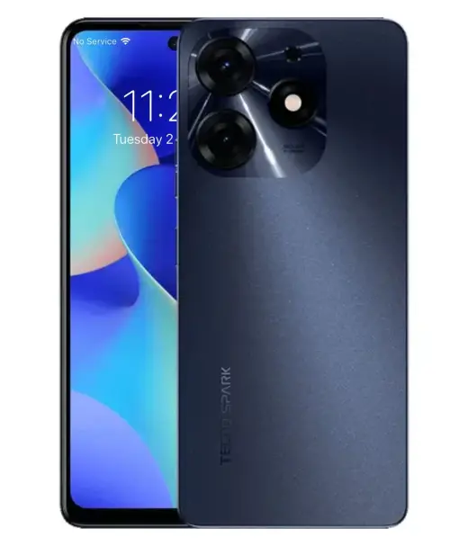 Tecno Spark 10 Pro smartphone showcasing front and back design in dark blue color