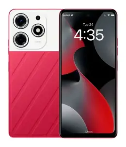 Tecno Spark 10 Pro smartphone with a vibrant red back and dual camera setup.