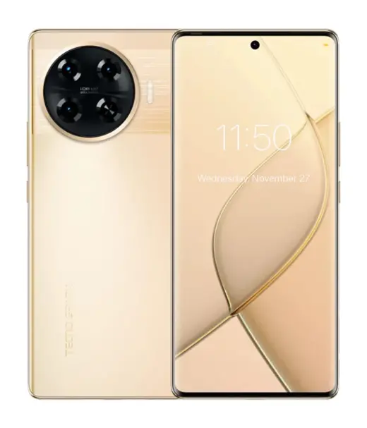 Tecno Spark 20 Pro Plus smartphone with a gold finish and triple camera setup