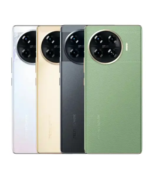 Tecno Spark 20 Pro Plus smartphones in four colors: white, gold, black, and green.