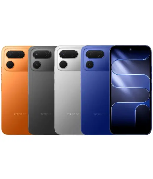 Tecno Spark 50 Pro smartphones in orange, gray, silver, and blue colors