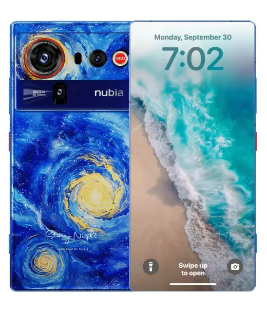 ZTE nubia Z80 Ultra smartphone with artistic design and ocean-themed wallpaper